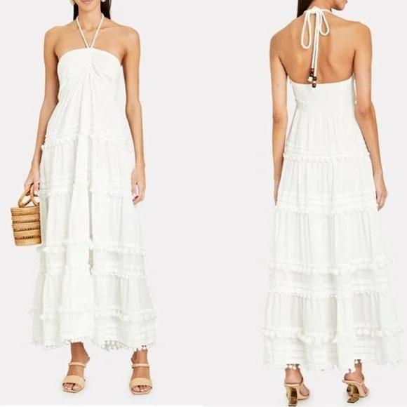 INTERMIX BEACHCLUB Lydia Halter Pompom Organic Cotton Maxi Dress Size L NWOT - Picture 3 of 10